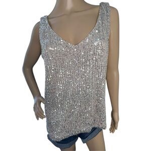Pink Lily Beige Sequined Covered Shimmery Loose Fit Tank